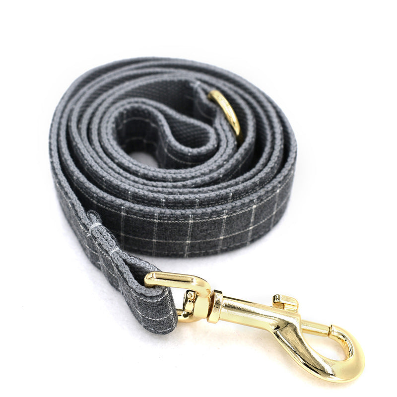 Grey Plaid Pet Products Dog Collar New Fashion Golden Metal Button Dog Collar