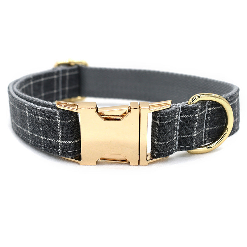Grey Plaid Pet Products Dog Collar New Fashion Golden Metal Button Dog Collar