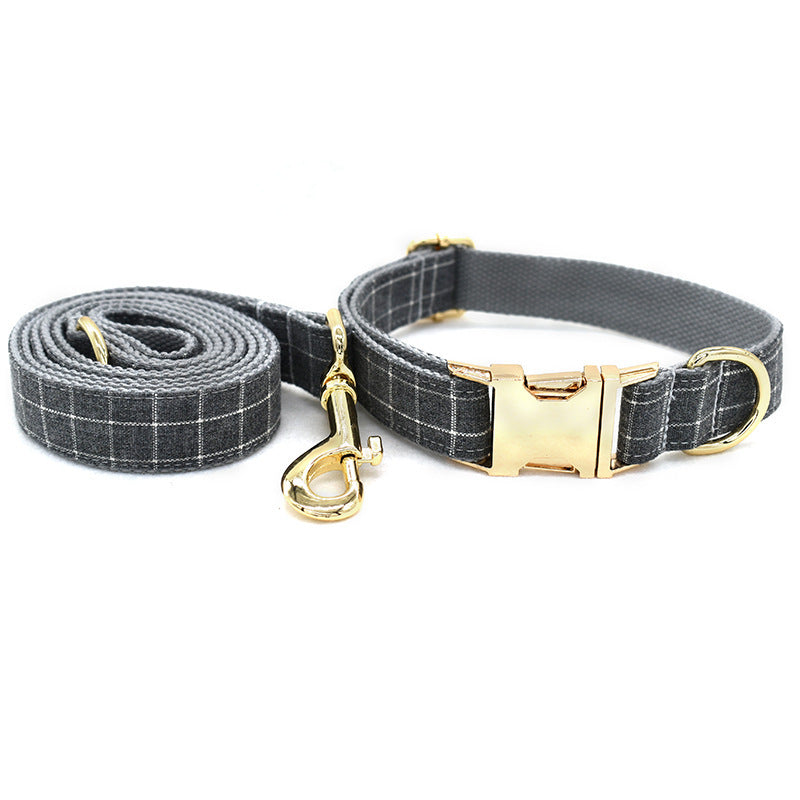 Grey Plaid Pet Products Dog Collar New Fashion Golden Metal Button Dog Collar
