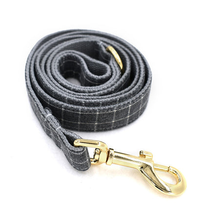 Grey Plaid Pet Products Dog Collar New Fashion Golden Metal Button Dog Collar